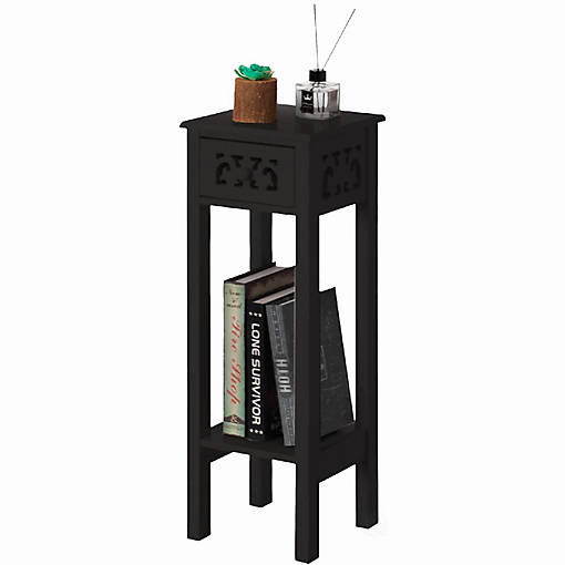 Basicwise Acacia Wood Slim Bedside Table with Minimalist Design and Space-Saving Functionality, Wood Drawer and Open Shelf Side Table, Black
