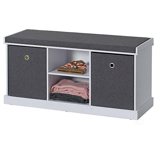 Basicwise MDF Storage Box Shoe Bench with 2 Shelves, Foldable Baskets and a Gray Cushion, White