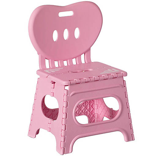Basicwise Plastic Foldable Step Stool with Back Support, Heart Shaped Backrest, Portable Chair with Handle, Kids Stepping Stool and Bathroom Stool, Pink