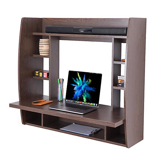 Basicwise Wall Mount Laptop Office Desk with Shelves, Brown