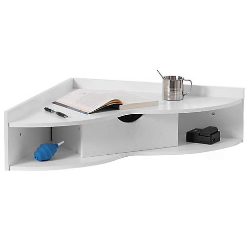 Basicwise White Corner Desk Heart Shaped Wall Mounted Office Table with Drawer and Two Shelves Computer Writing Desk
