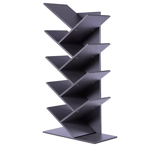 Basicwise Wooden 9-Shelf Tree Magazine CD Storage Bookcase, Gray
