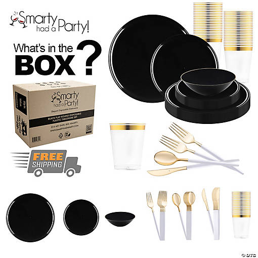 Black Flat Round Disposable Plastic Tableware Set - 60 Settings