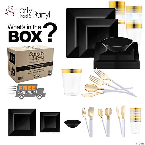 Black Square Disposable Plastic Tableware Set - 60 Settings