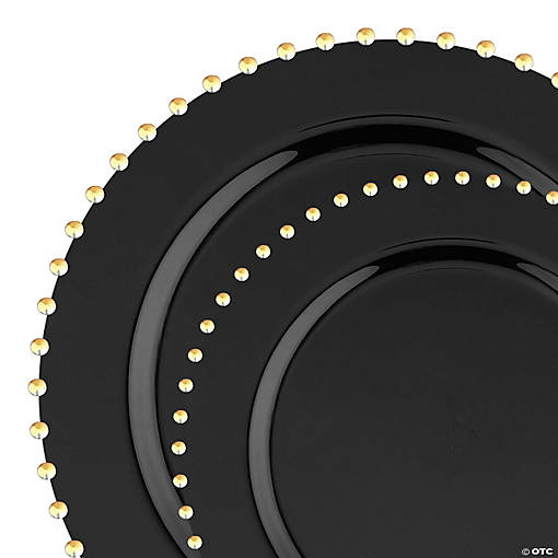 Black with Gold Pearl String Round Disposable Plastic Dinnerware Value Set - (20 Settings)