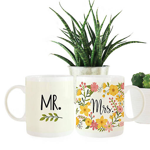 Boho Floral Mr &amp; Mrs Ceramic Mug Set