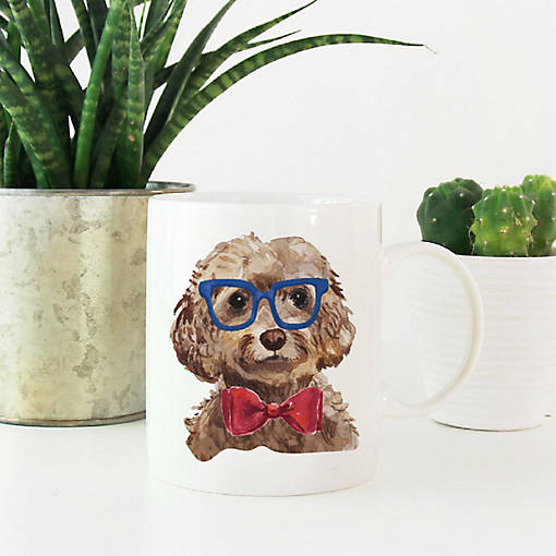 Brown Cockapoo Blue Glasses Bow Mug