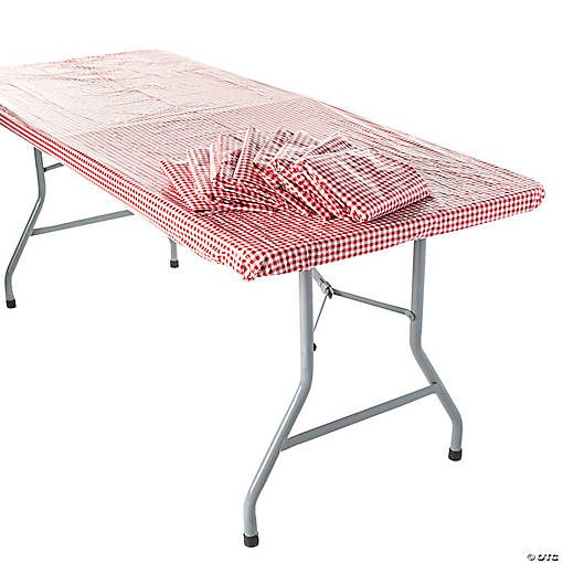 Bulk 12 Pc. 6 Ft. Red Gingham Rectangle Fitted Plastic Tablecloths