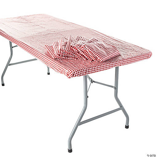 Bulk 12 Pc. 8 Ft. Red &amp; White Gingham Rectangle Fitted Disposable Plastic Tablecloths