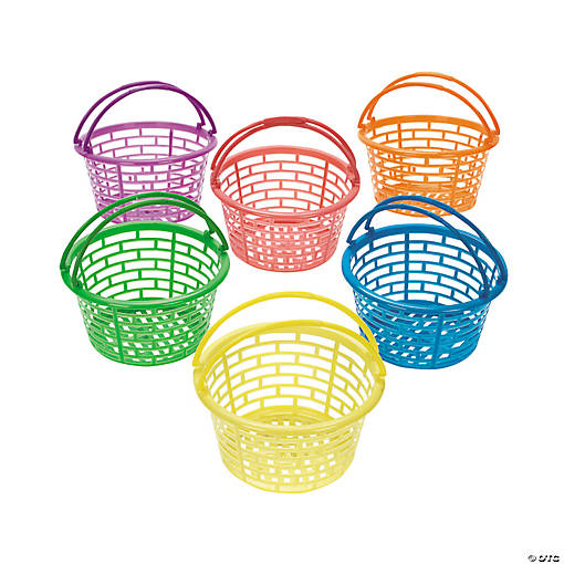 Colorful Bright Round Plastic Easter Baskets with Fun Design - 12 Pc.