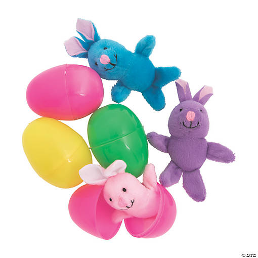 Colorful Mini Bright Stuffed Bunny-Filled Plastic Easter Eggs - 12 Pc.