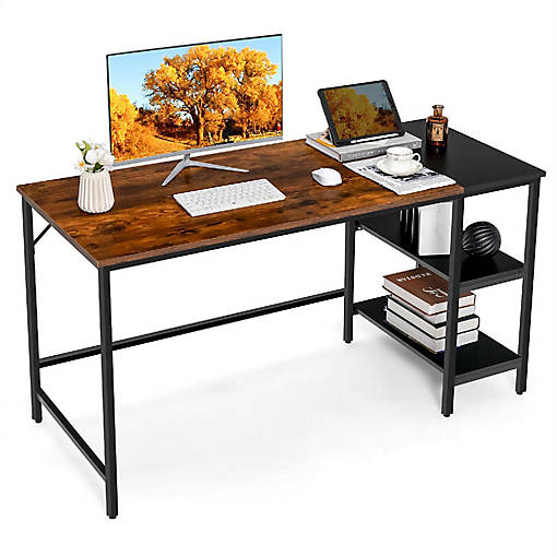 Costway 55'' Computer Desk Writing Workstation Study Table Home Office with Bookshelf Rustic
