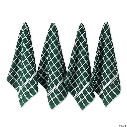 Dark Green Solid Windowpane Terry Dishtowel 4 Piece