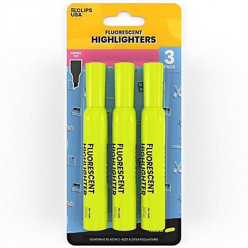 E-Clips USA Fluorescent Highlighter Pen - Yellow, 3 Pack, Chisel-Tip , 36 Units