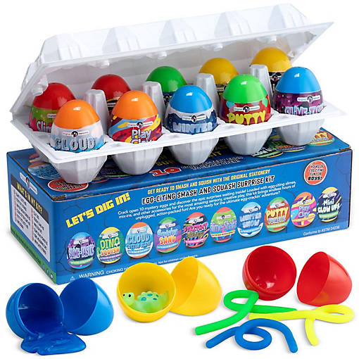 Egg-citing Smash and Squash Surprise Kit, 10 Pre Filled Easter Eggs with DIY Slime-Shake, Stretchy Strings, Squishy Sand