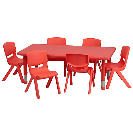 Emma + Oliver 24"W x 48"L Red Plastic Adjustable Activity Table Set-6 Chairs