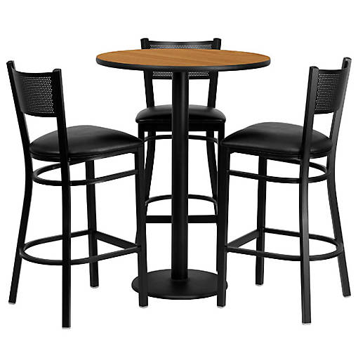 Emma + Oliver 30RD Natural Table Set-3 Grid Back Stools,Black Seat
