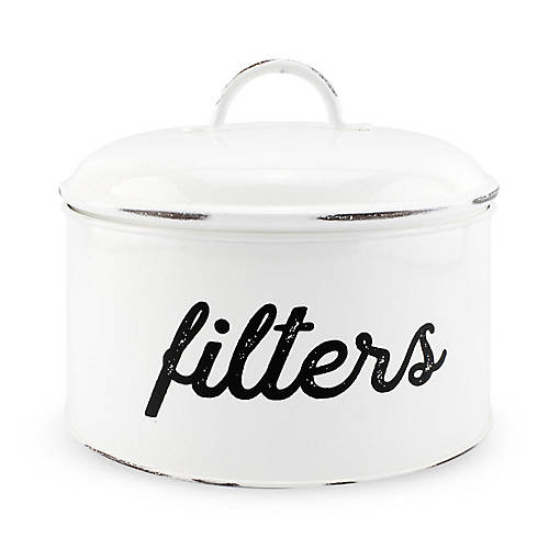 Enamel Basket Coffee Filter Holder, White; Rustic Farmhouse Storage Container
