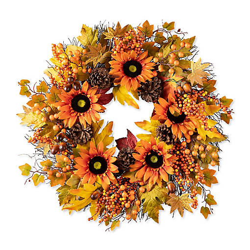 Glitzhome 24"D Fall Sunflower, Maple Leaf and Berry Wreath
