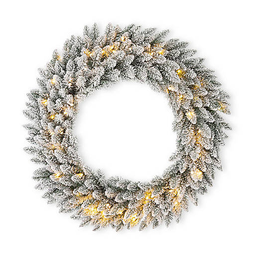 Glitzhome 36"D Oversized Pre-Lit Snow Flocked Christmas Wreath with 60 Warm White Lights with Timer, Three Function