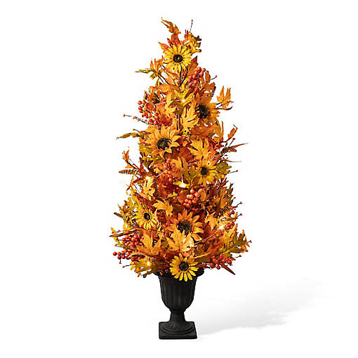 Glitzhome 48"H Fall Lighted Maple Leaf and Sunflower Urn Porch Tree with Timer