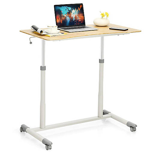 Goplus Height Adjustable Computer Desk Sit Stand Rolling Notebook Table Natural
