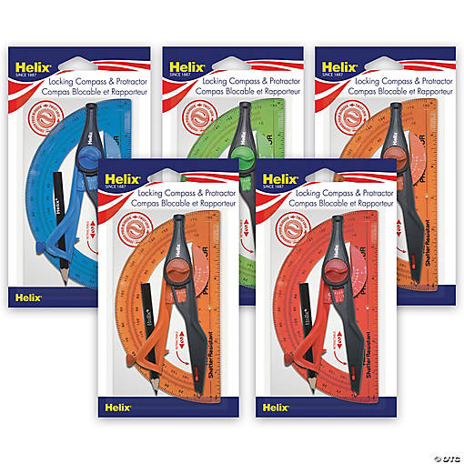 Helix Plastic Locking Compass &amp; Protractor Set, 5 Sets