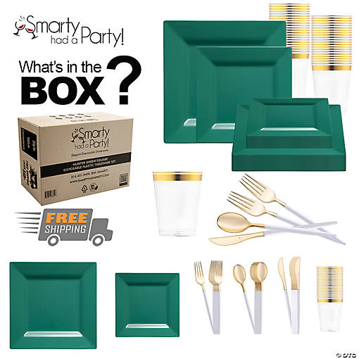 Hunter Green Square Disposable Plastic Tableware Set - 120 Settings