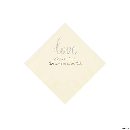 Ivory Love Script Personalized Napkins with Silver Foil - Beverage