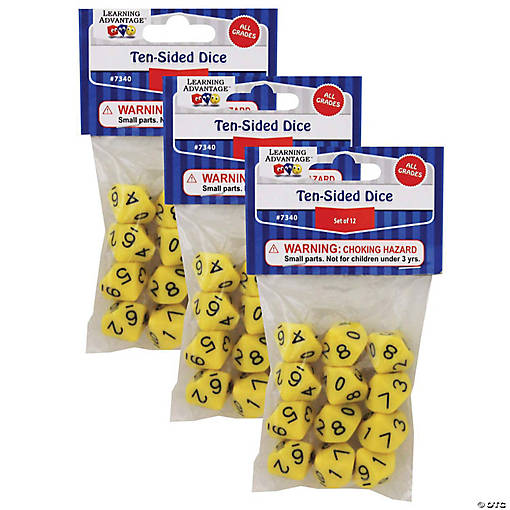Learning Advantage 10-Sided Polyhedra Dice, 12 Per Pack, 3 Packs