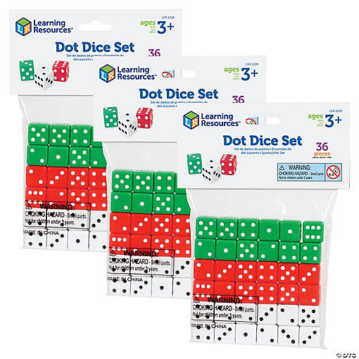 Learning Resources Dot Dice, Red, Green &amp; White, 36 Per Pack, 3 Packs