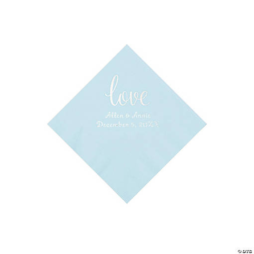 Light Blue Love Script Personalized Napkins with Silver Foil - Beverage
