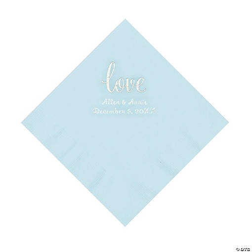 Light Blue Love Script Personalized Napkins with Silver Foil - Luncheon