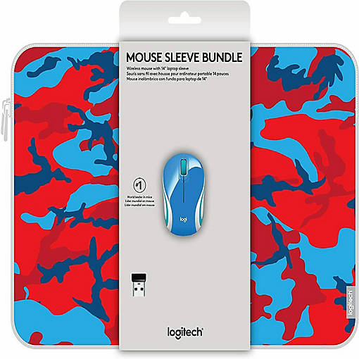 Logitech Wireless Mini Mouse M187 &amp; 14" Sleeve Bundle - Red/Blue Camo