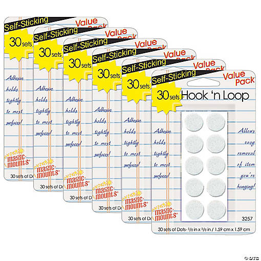 Magic-Mounts Hook N Loop Dots, 5/8", White, 30 Per Pack, 6 Packs