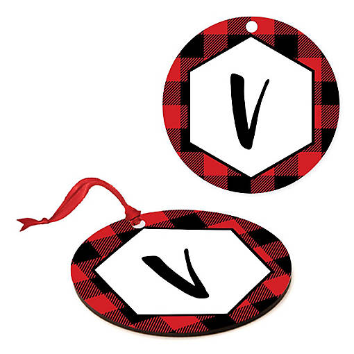 MDF Wood Ornament Red Plaid Letter V