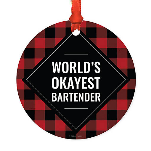 Metal Ornament Bartender Red Black Plaid