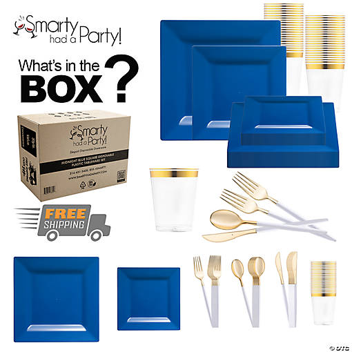 Midnight Blue Square Disposable Plastic Tableware Set - 60 Settings