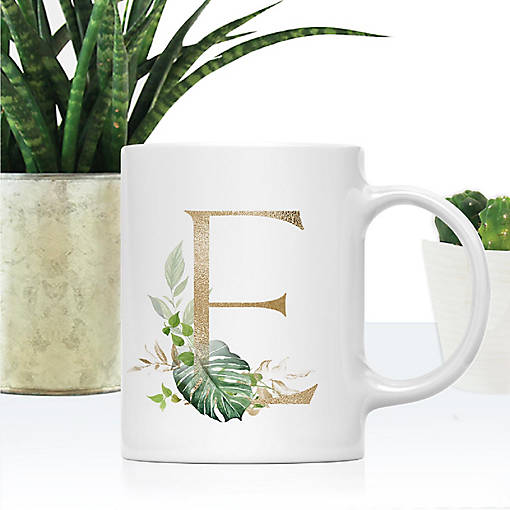 Monogram E Ceramic Mug Gold Palm