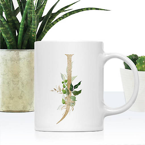 Monogram J Ceramic Mug Gold Palm