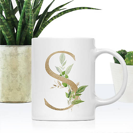 Monogram S Ceramic Mug Gold Palm
