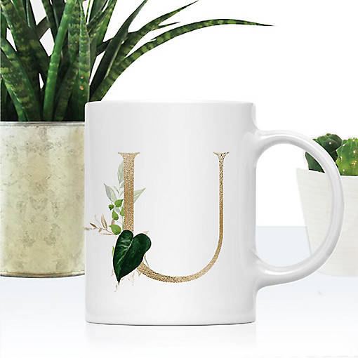 Monogram U Ceramic Mug Gold Palm