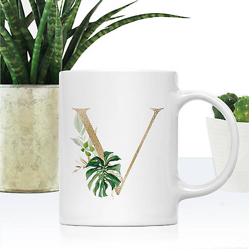 Monogram V Ceramic Mug Gold Palm