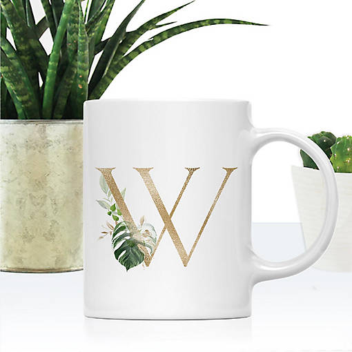 Monogram W Ceramic Mug Gold Palm