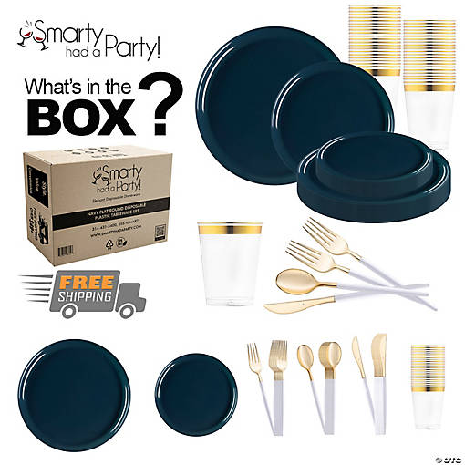 Navy Flat Round Disposable Plastic Tableware Set - 120 Settings