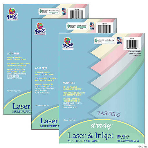 Pacon Pastel Multipurpose Paper Array, 8-1/2" x 11", 100 Sheets Per Pack, 3 Packs