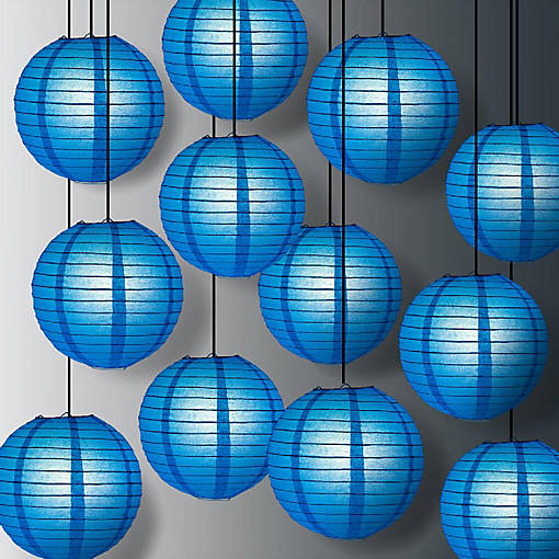PaperLanternStore 12 PACK Turquoise Blue Even Ribbing Round Paper Lantern Combo Set