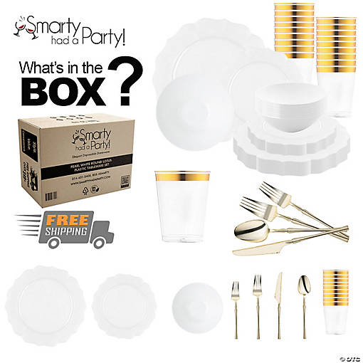 Pearl White Round Lotus Plastic Tableware Set - (60 Settings)