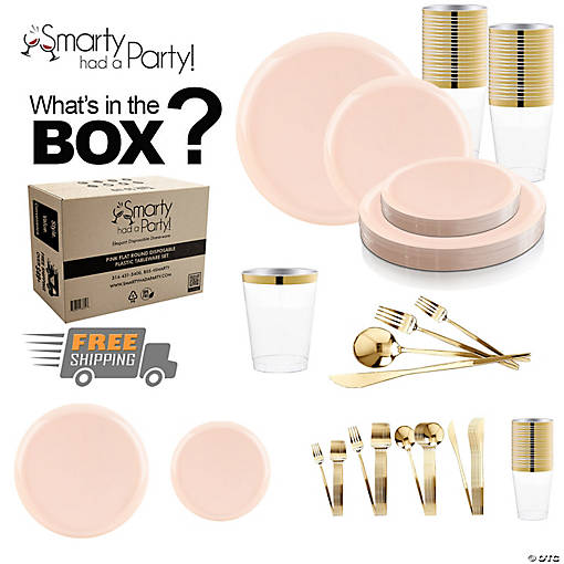 Pink Flat Round Disposable Plastic Tableware Set - 60 Settings