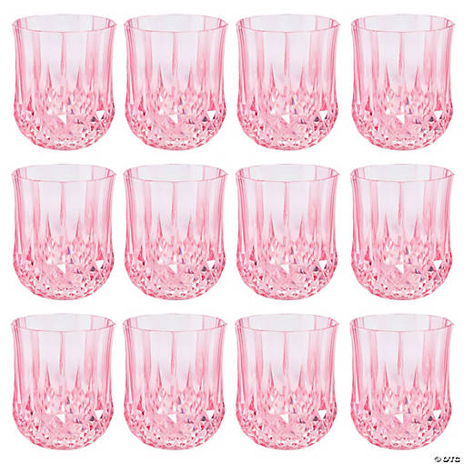 Pink Stemless Patterned Plastic Wine Glasses - 12 Pc.